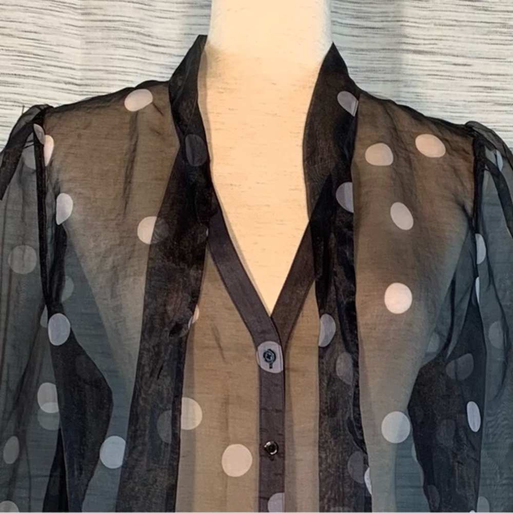 White House Black Market black and white polka-dots mesh see-through blouse. - Picture 3 of 16